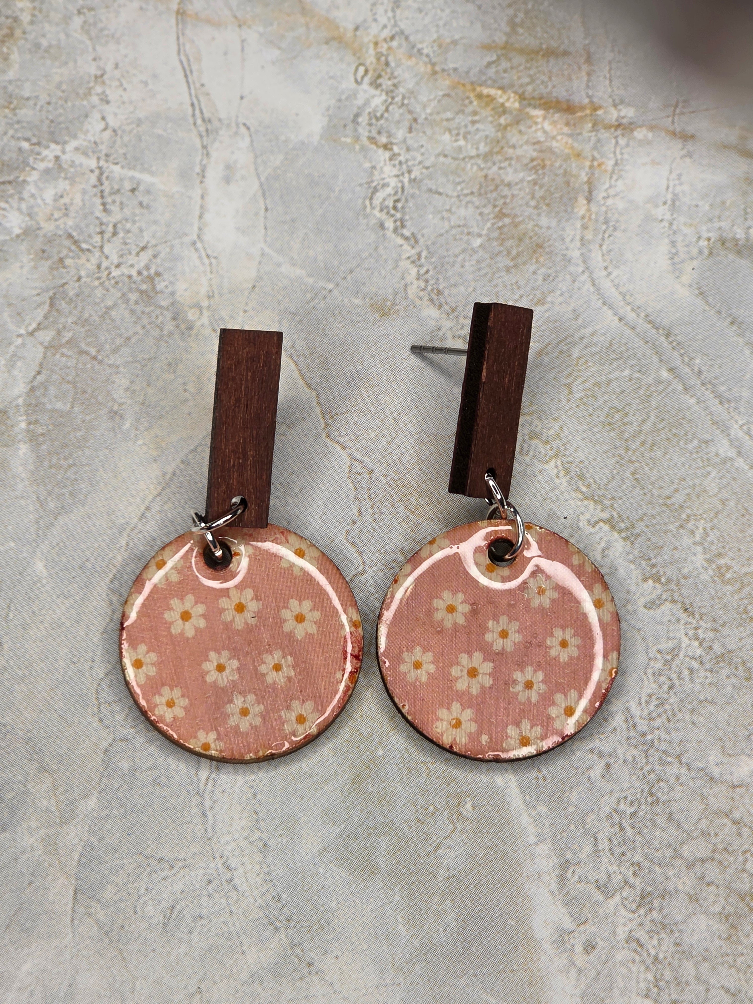 Pink Daisy Wood Dangle Earrings