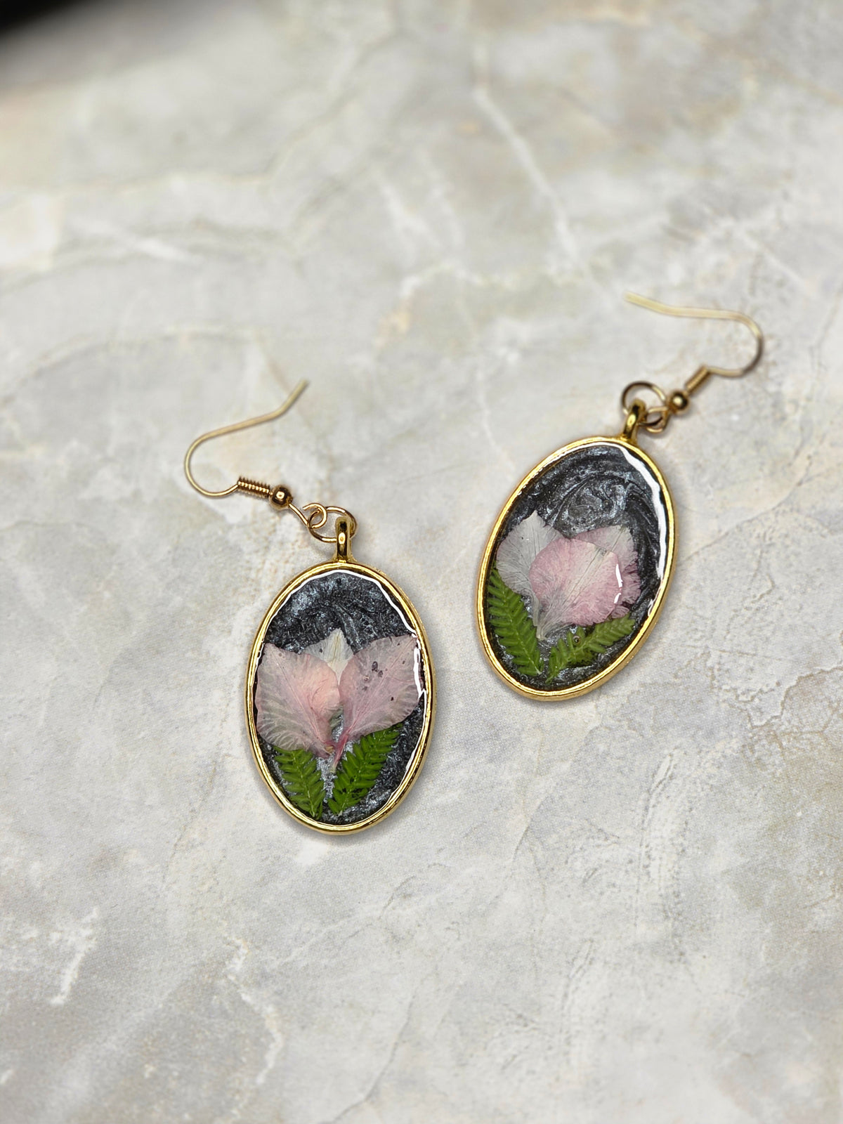 Pink Floral & Fern Oval Drop Earrings
