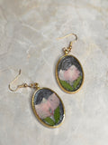 Pink Floral & Fern Oval Drop Earrings