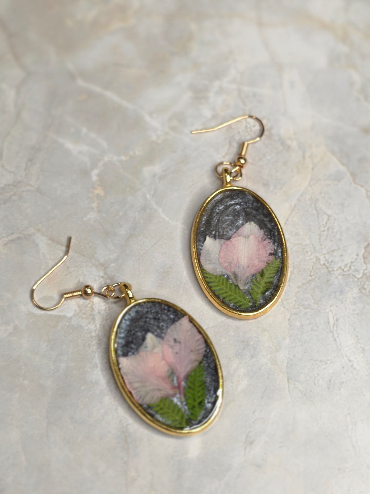 Pink Floral & Fern Oval Drop Earrings