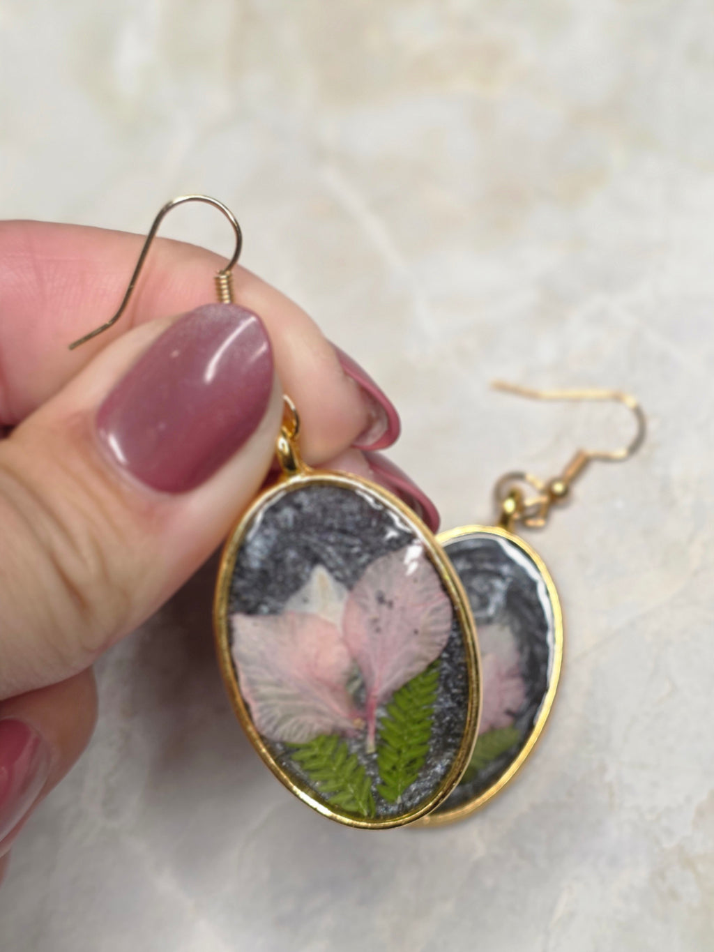 Pink Floral & Fern Oval Drop Earrings