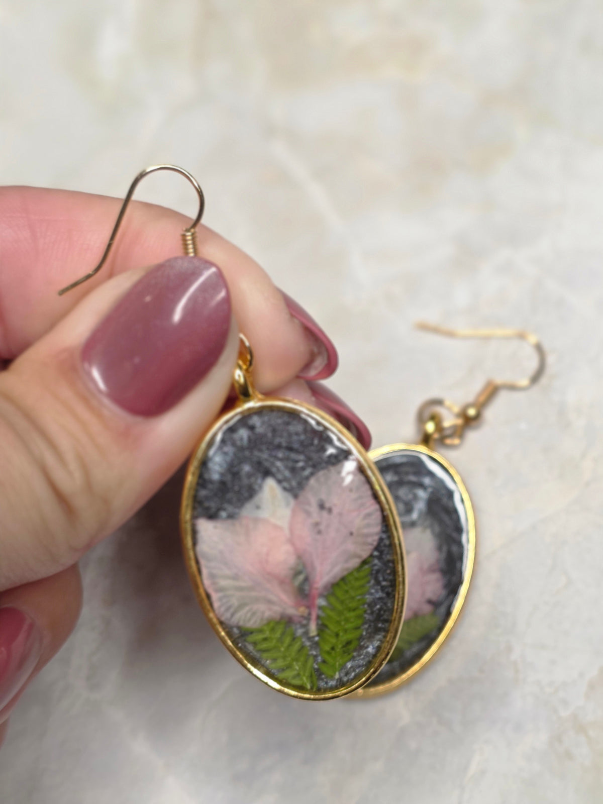 Pink Floral & Fern Oval Drop Earrings