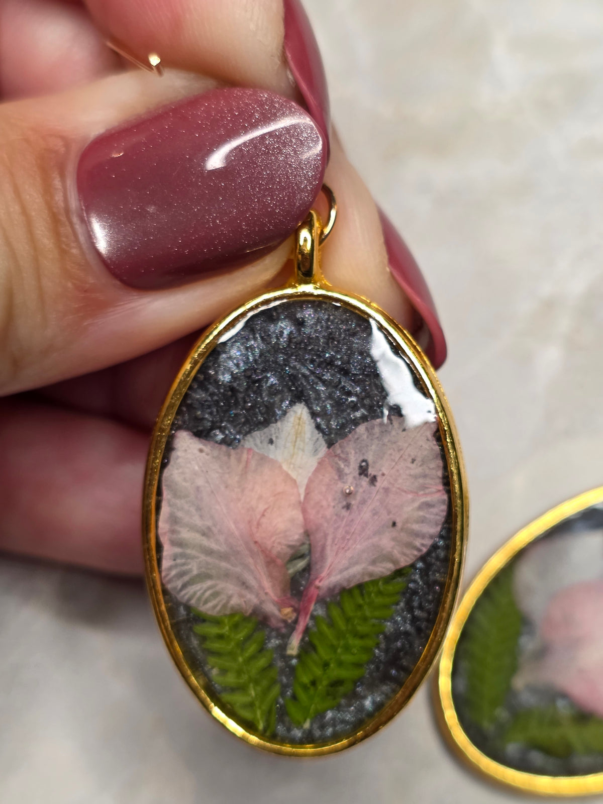 Pink Floral & Fern Oval Drop Earrings