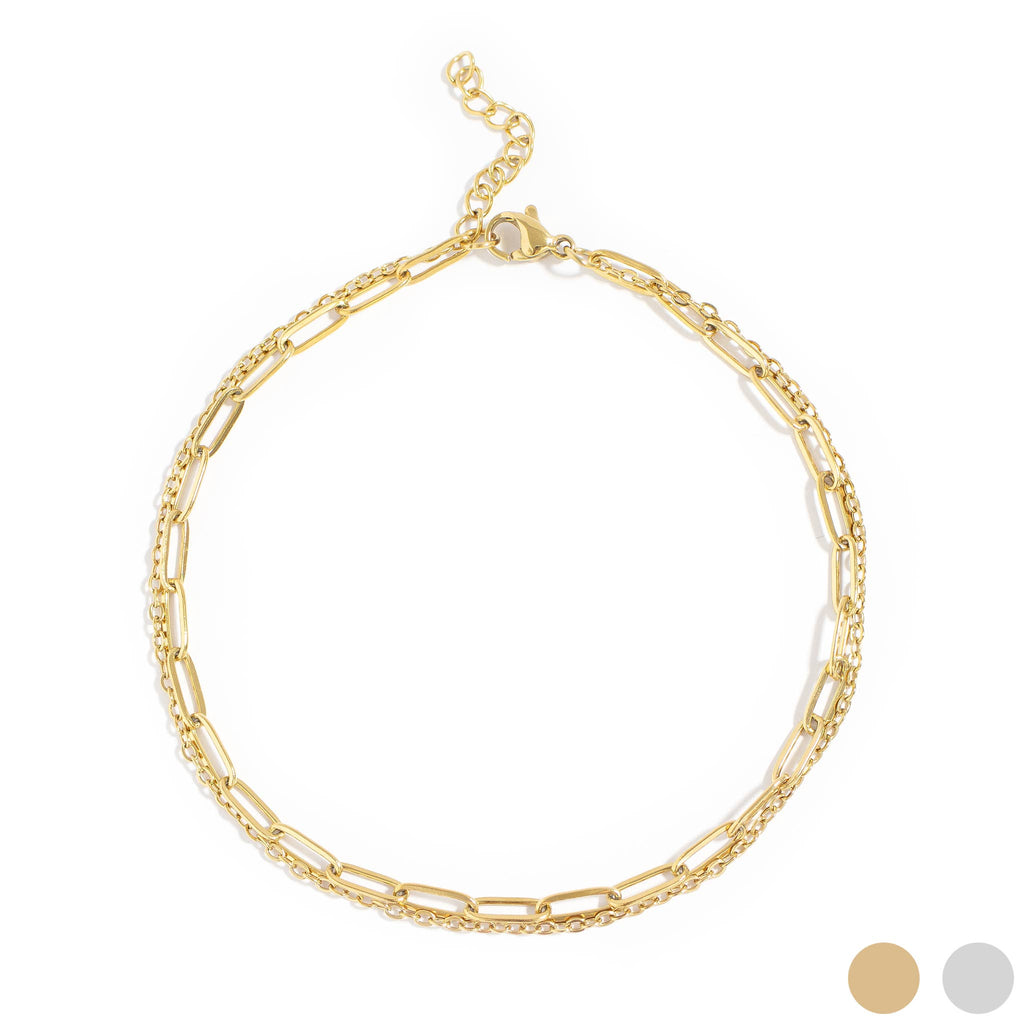 18K Gold PVD Double Chain Loop & Paperclip Anklet