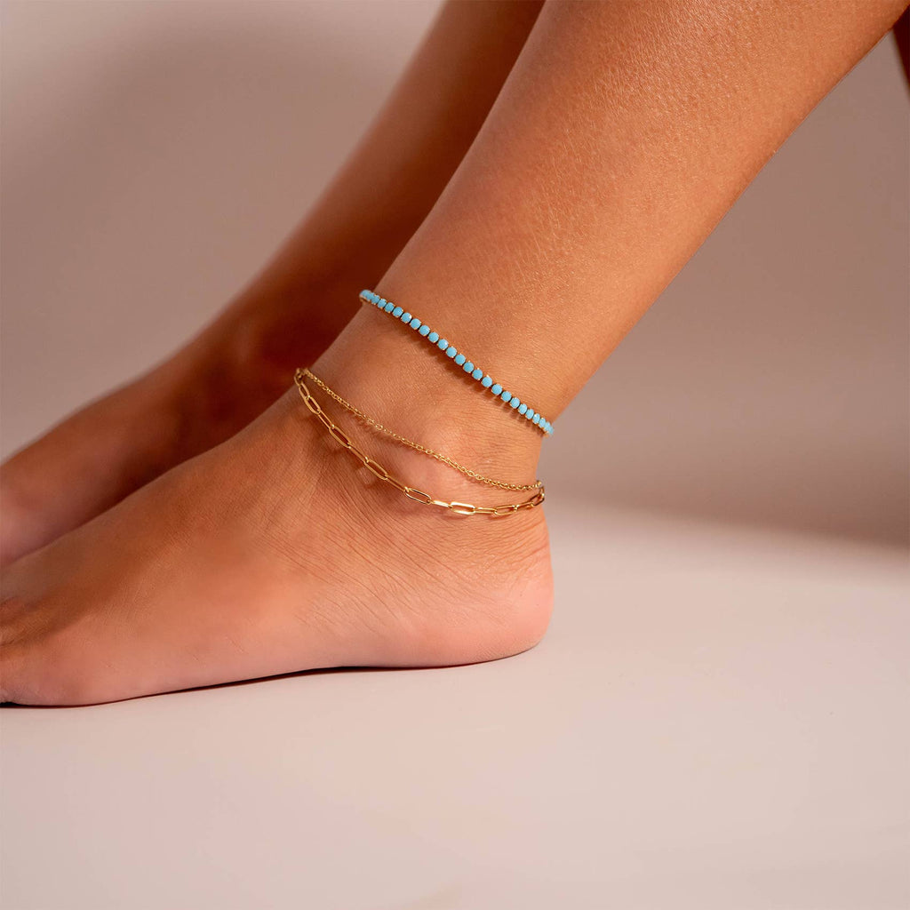 18K Gold PVD Double Chain Loop & Paperclip Anklet