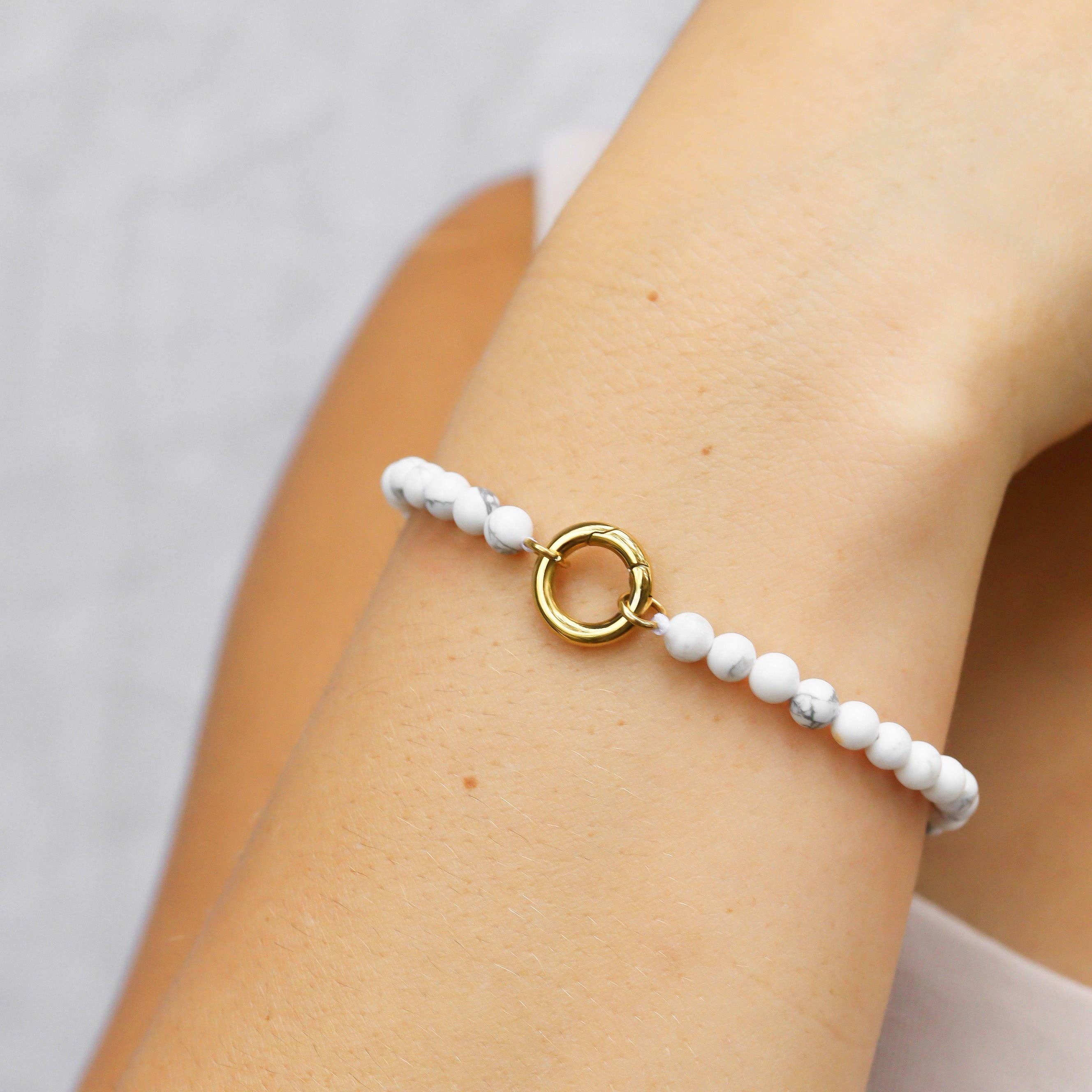 18K Gold PVD Stainless Steel Semi Precious Natural Stone Charm Keeper Bracelet