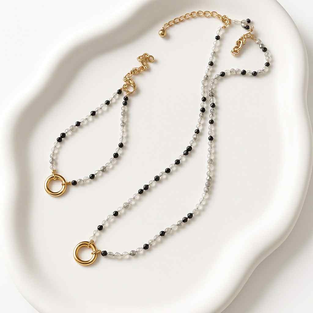 Black Bleaded Charm Necklace & Bracelet Set