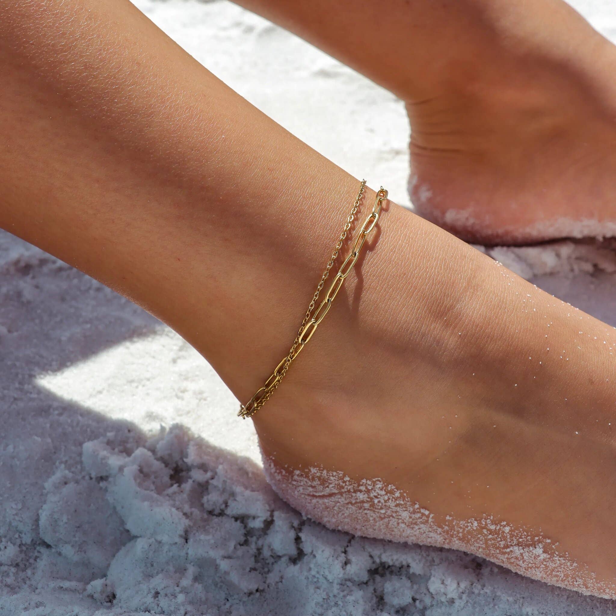 18K Gold PVD Double Chain Loop & Paperclip Anklet