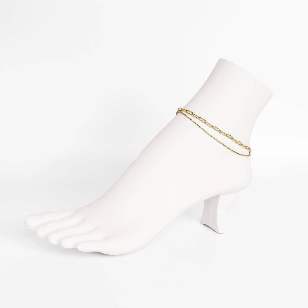 18K Gold PVD Double Chain Loop & Paperclip Anklet