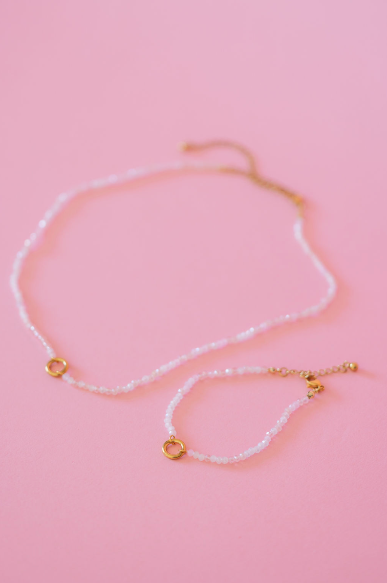 Pink Beaded Charm Necklace and Bracelet Set