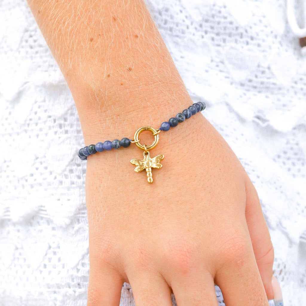 18K Gold PVD Stainless Steel Semi Precious Natural Stone Charm Keeper Bracelet