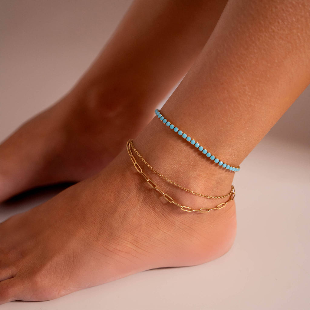 18K Gold PVD Double Chain Loop & Paperclip Anklet