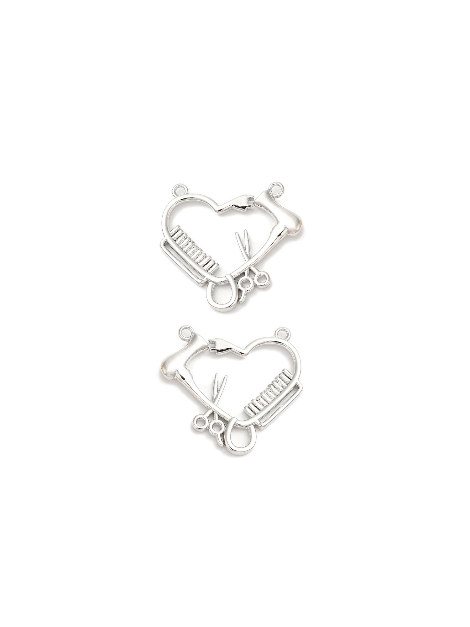 Two silver heart-shaped clasp components on a white background