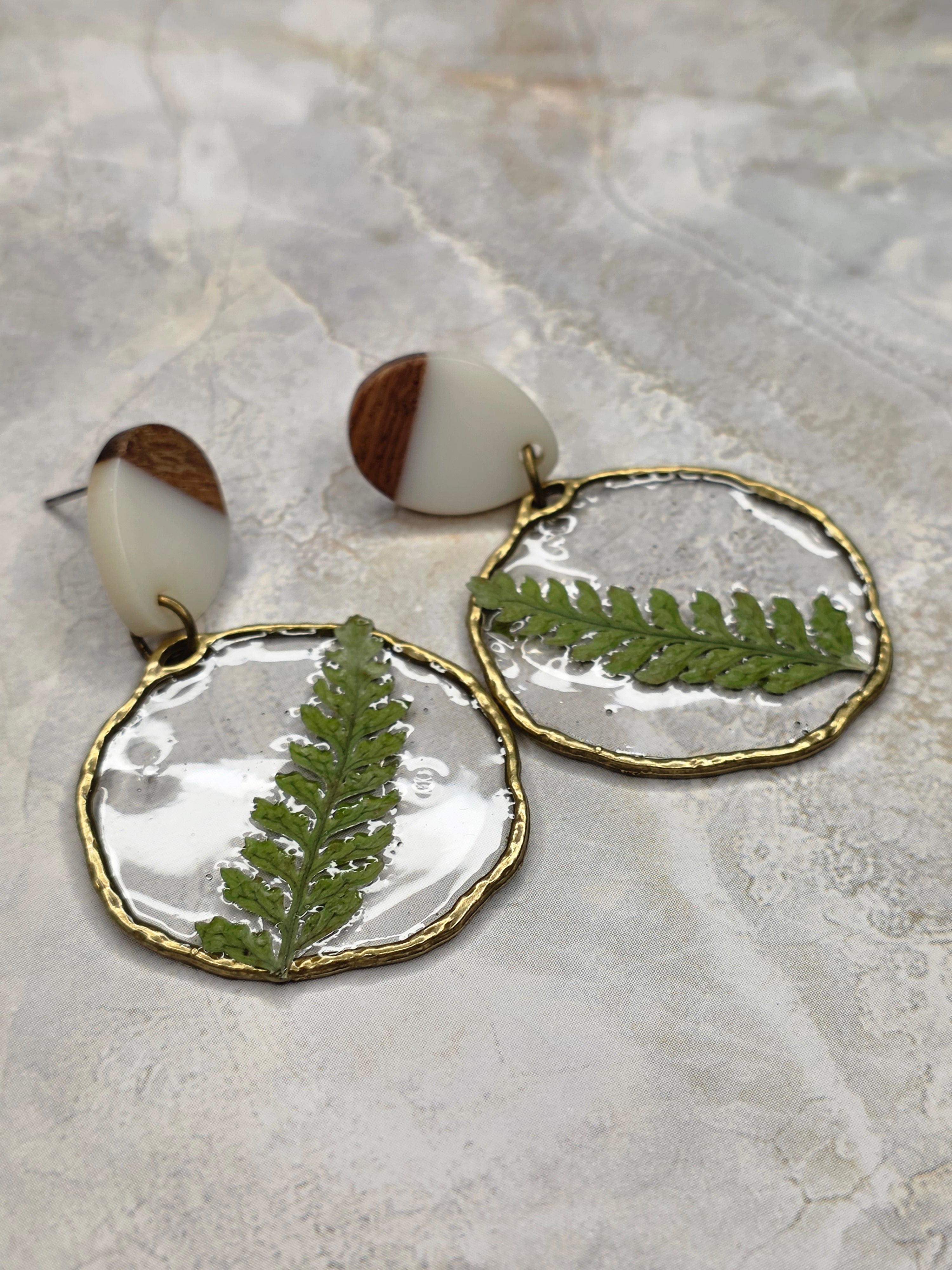 Real Fern Resin & Wood Dangle Earrings