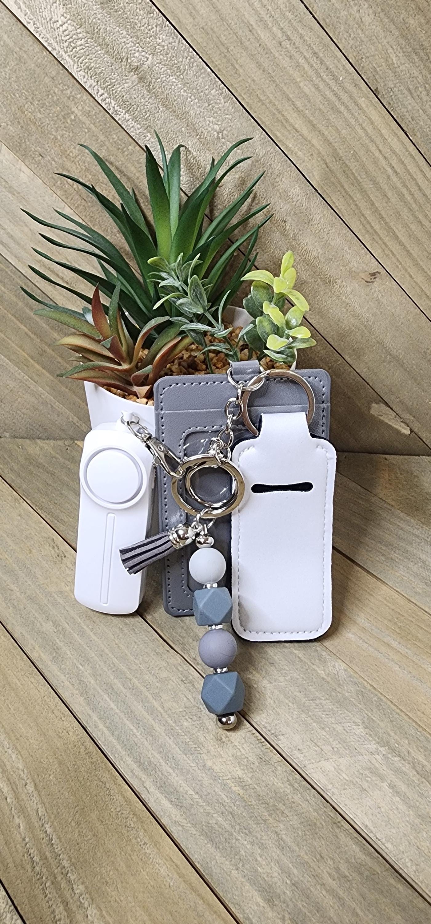 Safety Keychain Set: Personal Alarm, Card Sleeve & Lip Balm Holder