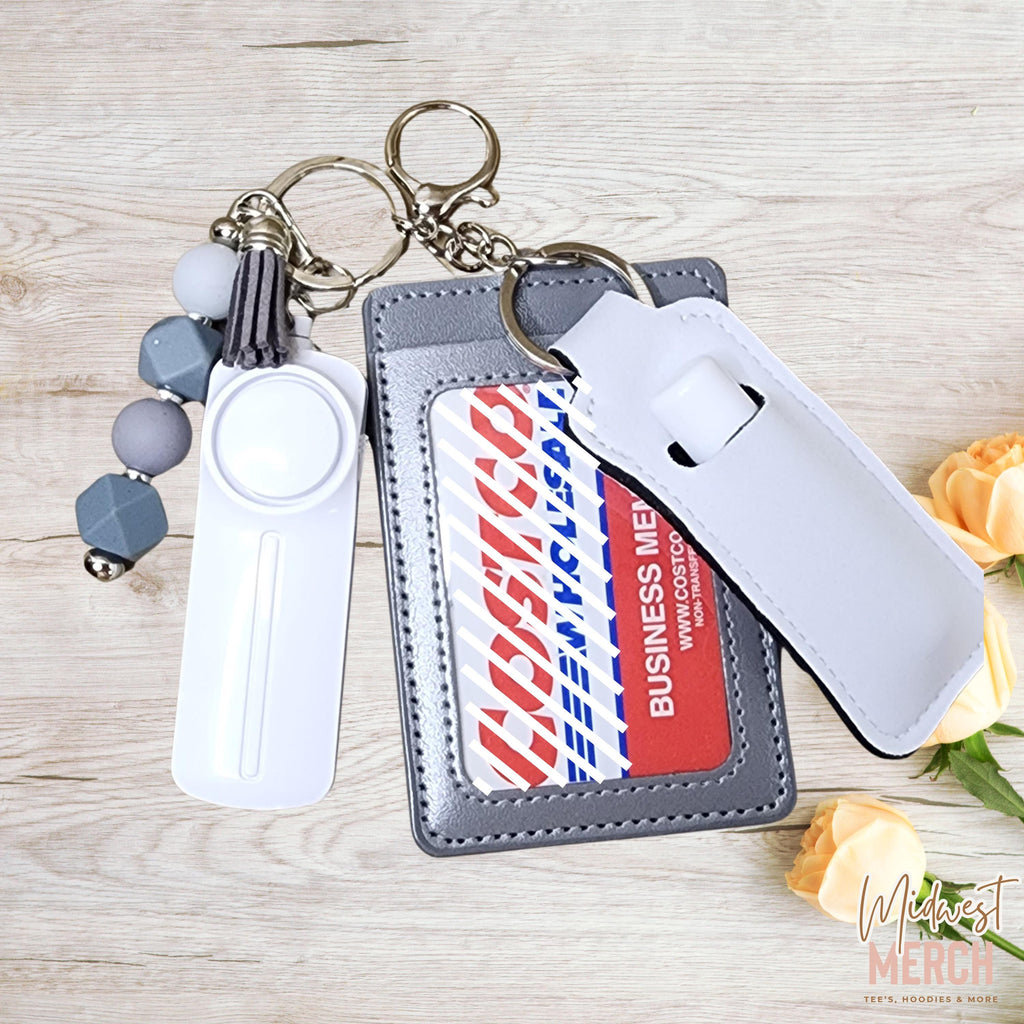Safety Keychain Set: Personal Alarm, Card Sleeve & Lip Balm Holder