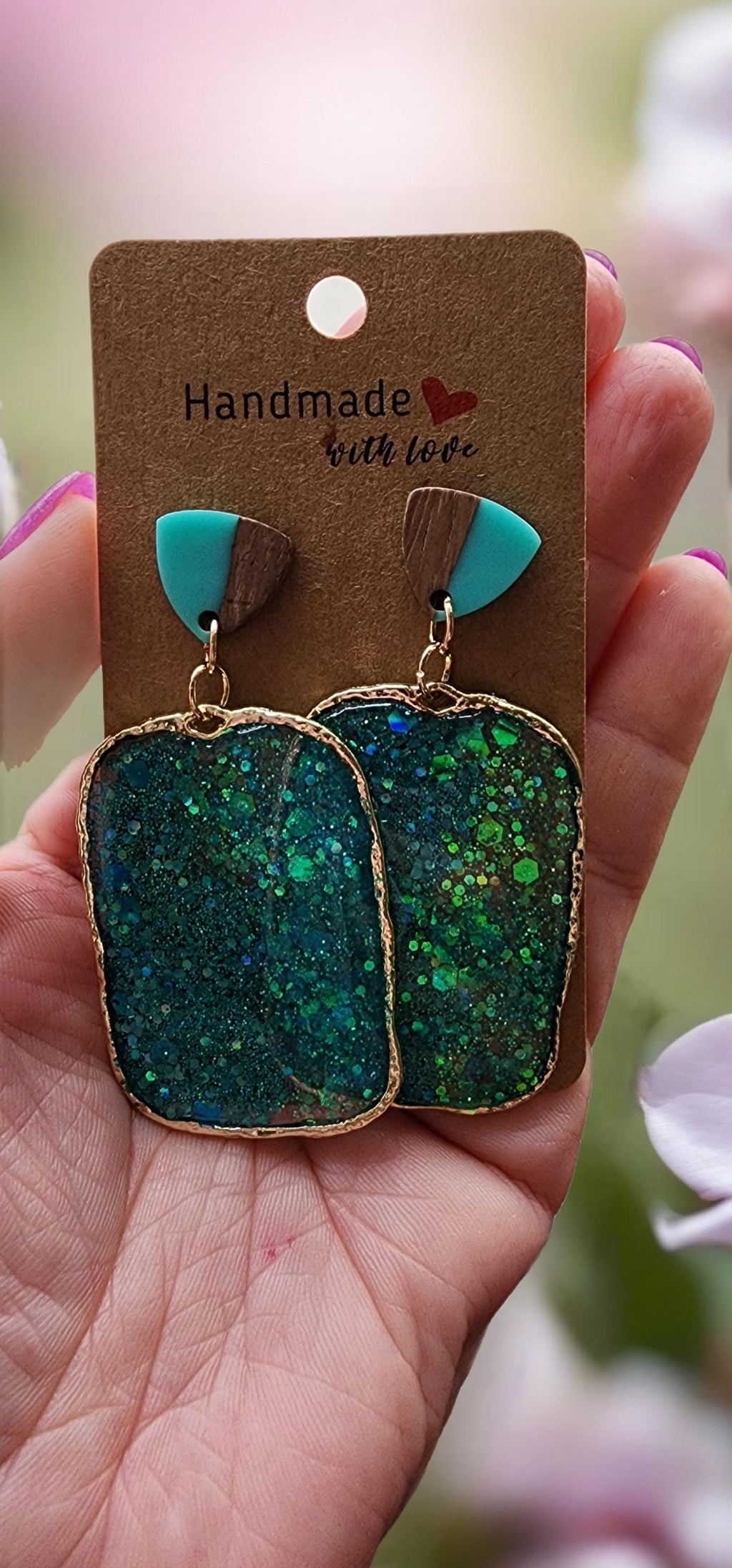 Teal Glitter Resin Earrings | Drop Dangle with Gold Bezel
