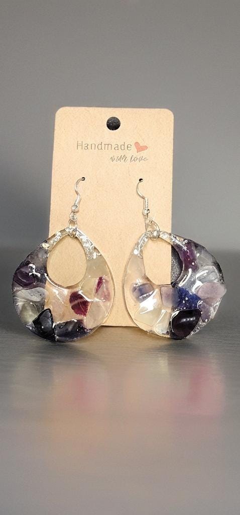 Handmade Teardrop Stone Earrings: Purple Resin Dangle Jewelry