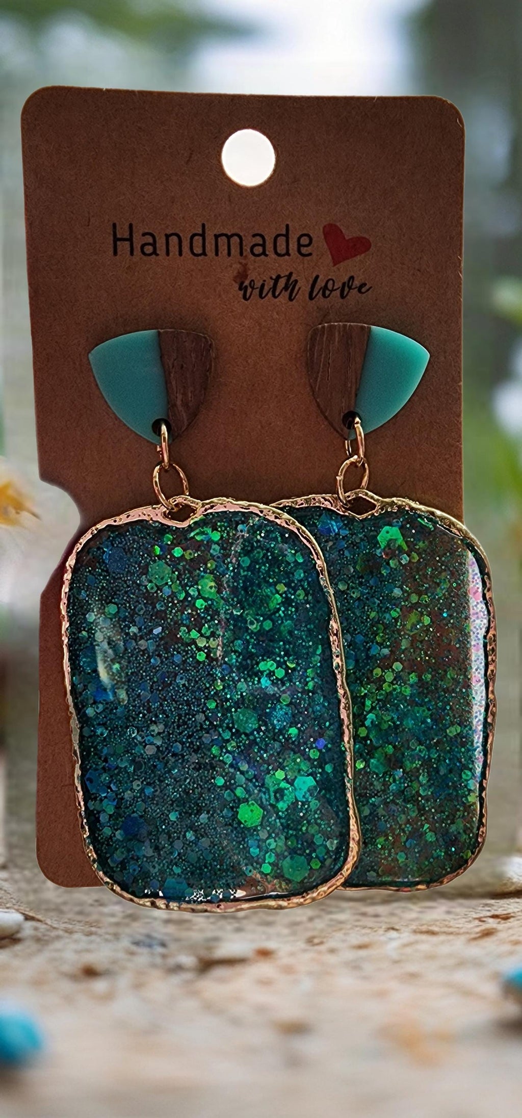 Teal Glitter Resin Earrings | Drop Dangle with Gold Bezel
