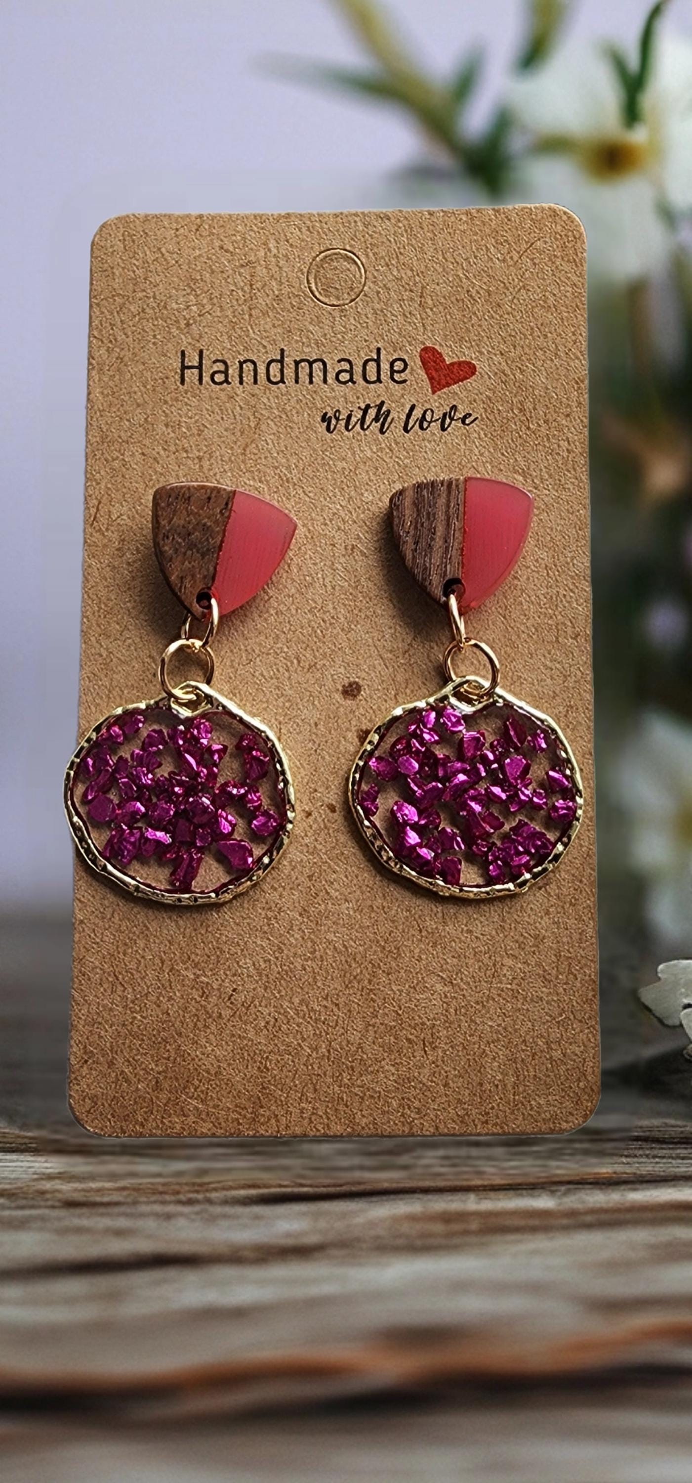 Pink Crushed Glass Resin Earrings | Petite Dangle with Gold Bezel & Wood Post
