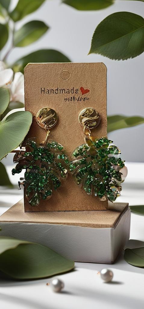 Handmade Green Palm Leaf Dangle Earrings: Gold Disc Post
