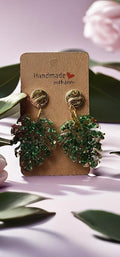 Handmade Green Palm Leaf Dangle Earrings: Gold Disc Post
