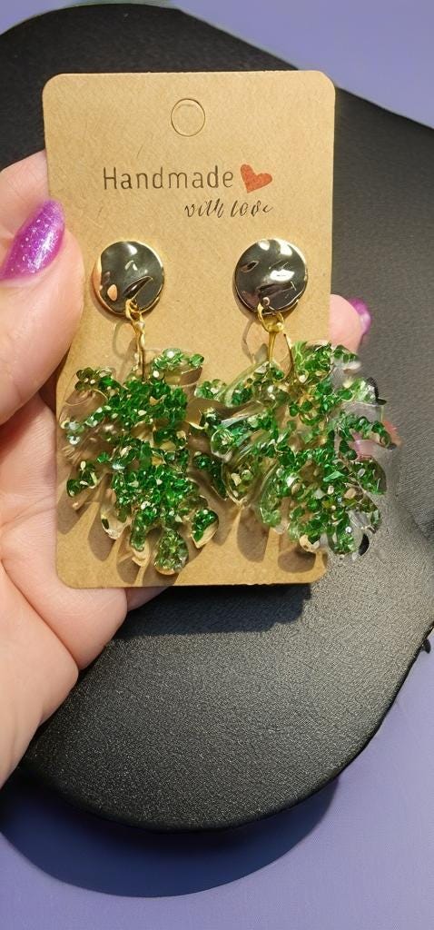 Handmade Green Palm Leaf Dangle Earrings: Gold Disc Post