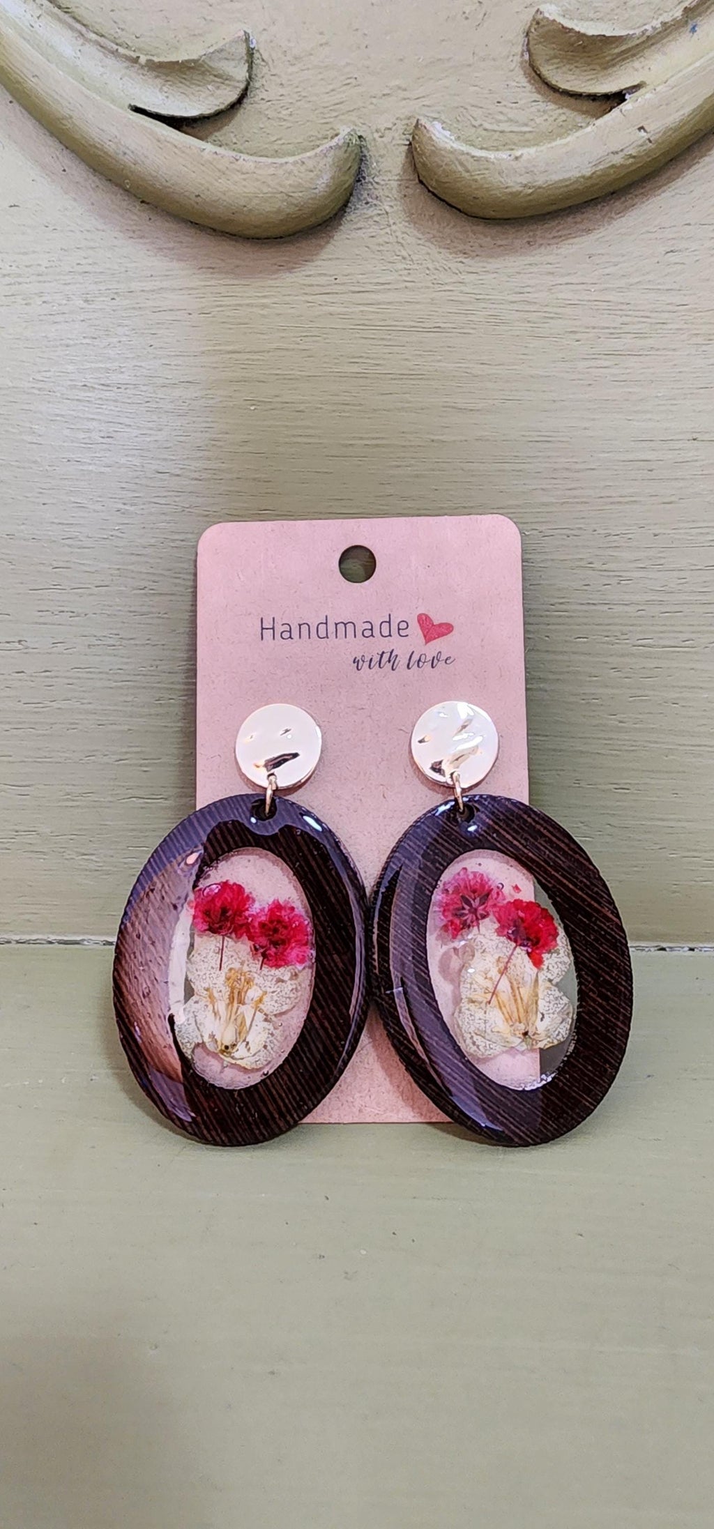 Dried Flower Earrings | Oval Wood Drop with Gold Posts