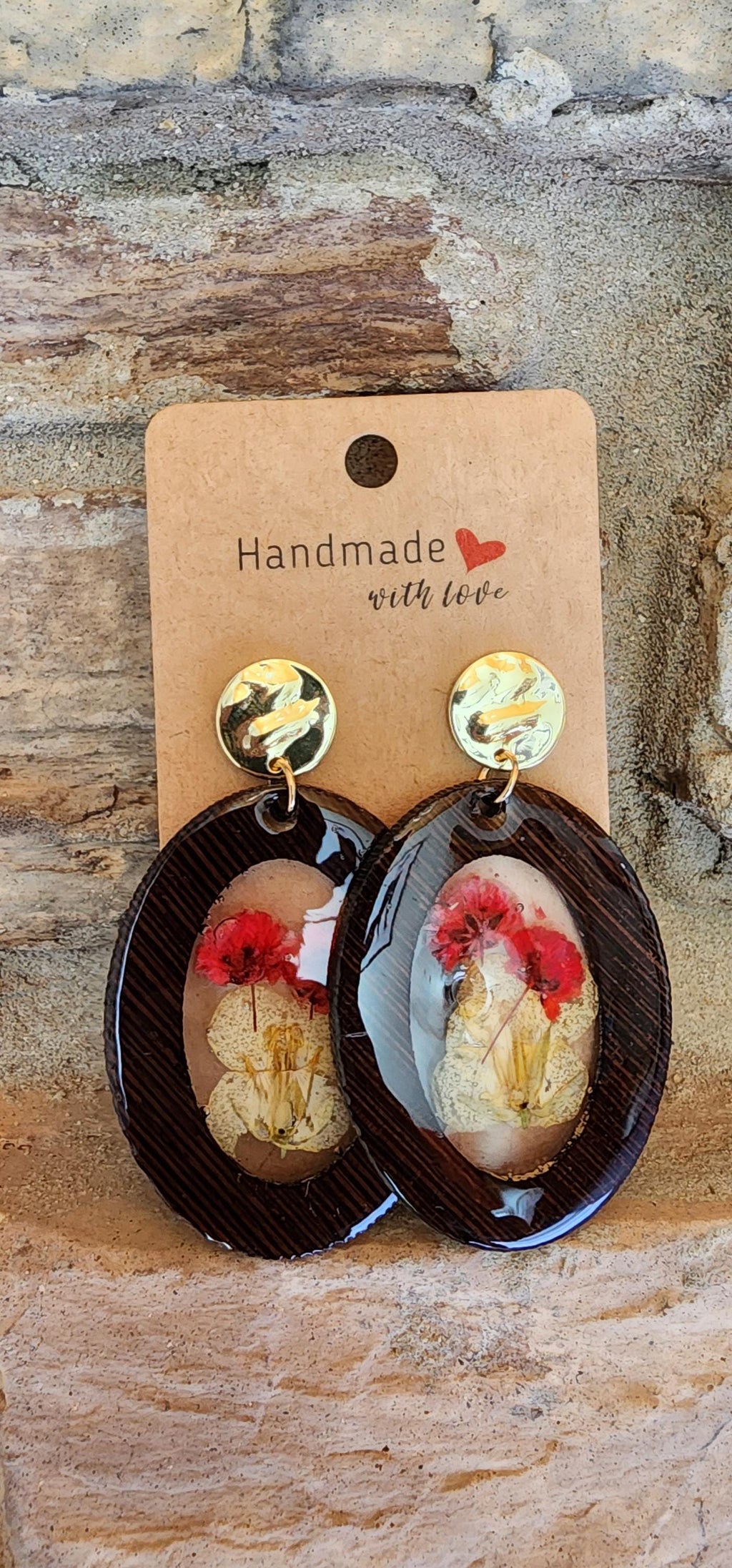 Dried Flower Earrings | Oval Wood Drop with Gold Posts