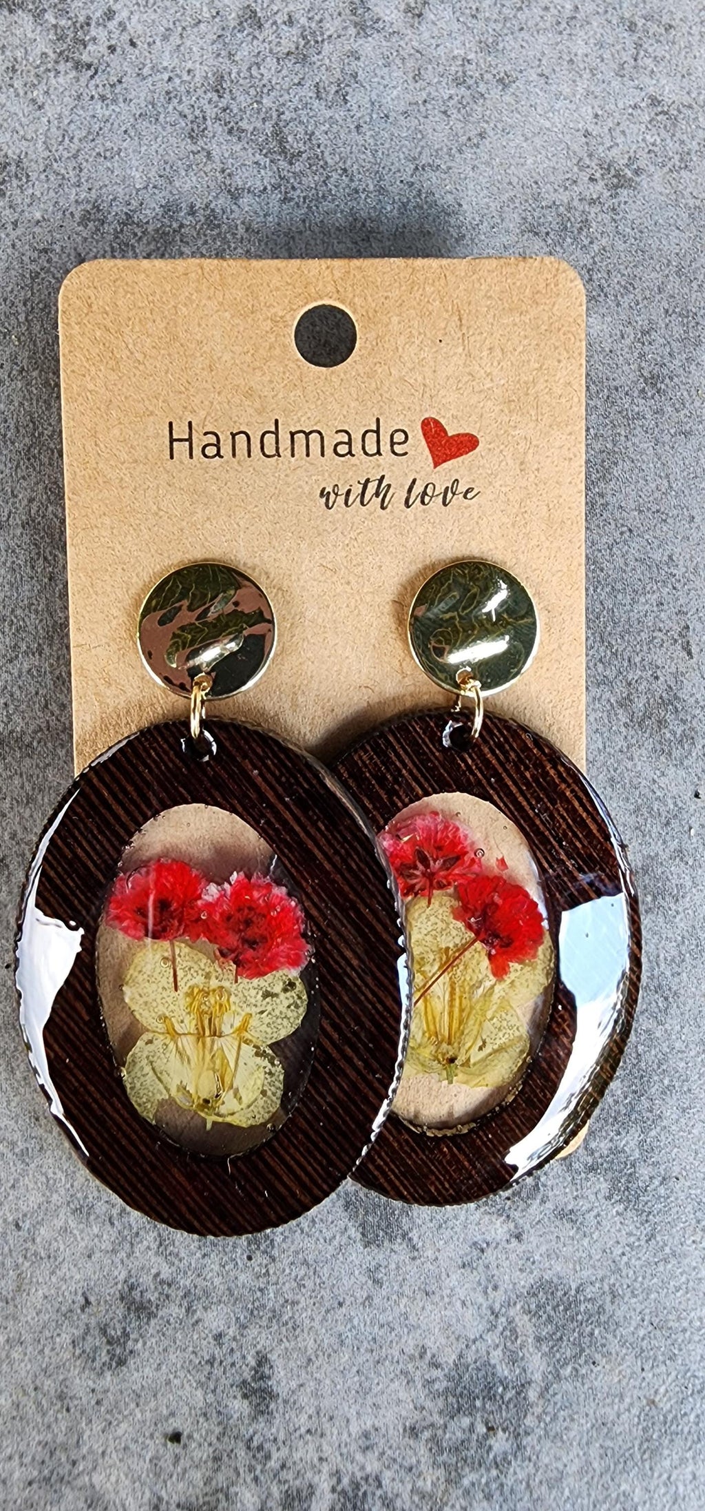 Dried Flower Earrings | Oval Wood Drop with Gold Posts