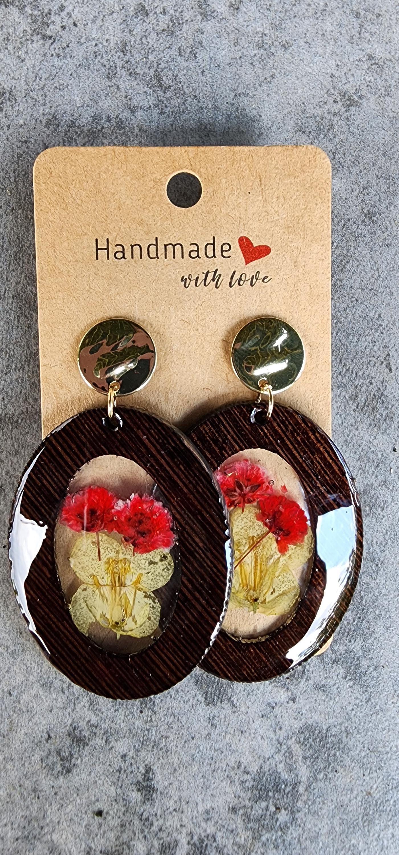 Dried Flower Earrings | Oval Wood Drop with Gold Posts