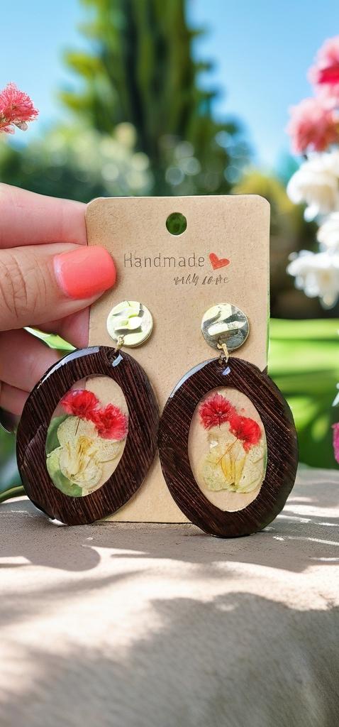 Dried Flower Earrings | Oval Wood Drop with Gold Posts