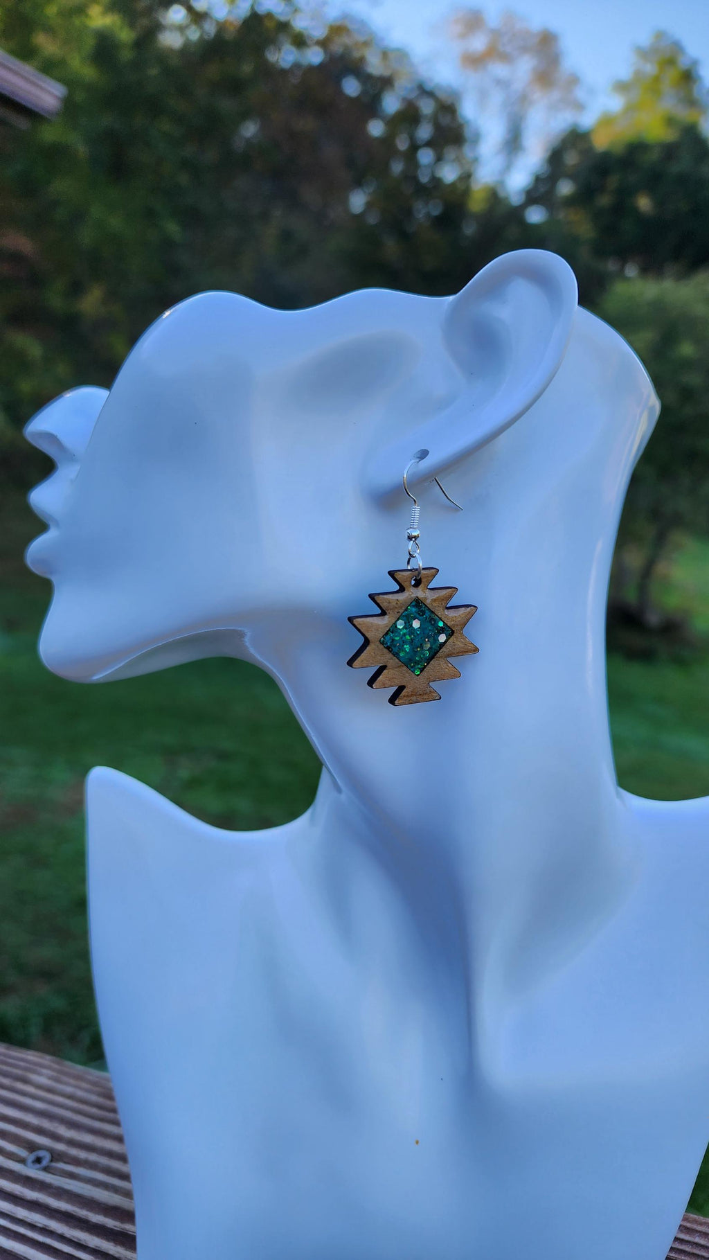 Aztec Wood Earrings: Turquoise Resin Western Jewelry