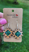 Aztec Wood Earrings: Turquoise Resin Western Jewelry