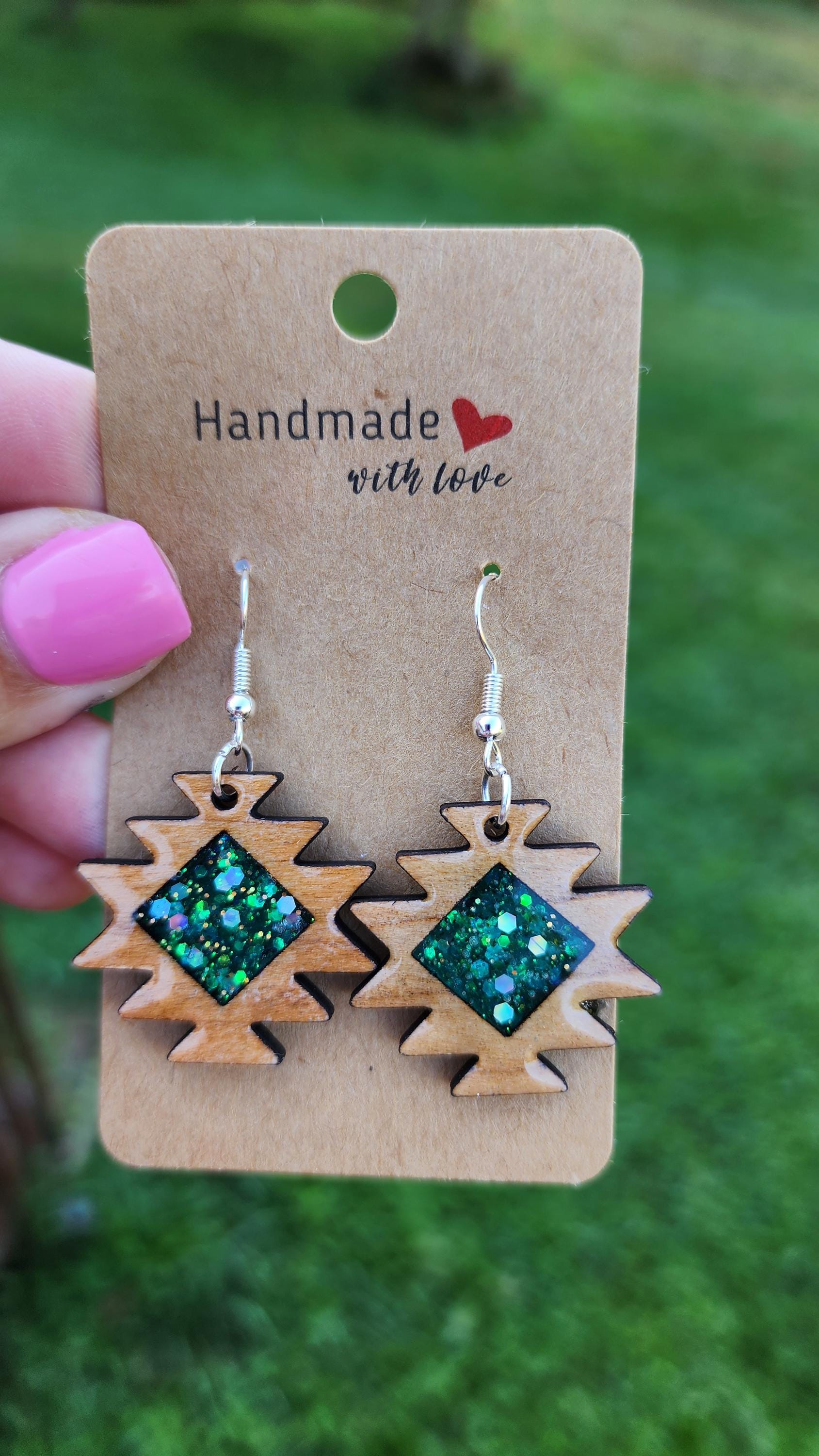 Aztec Wood Earrings: Turquoise Resin Western Jewelry