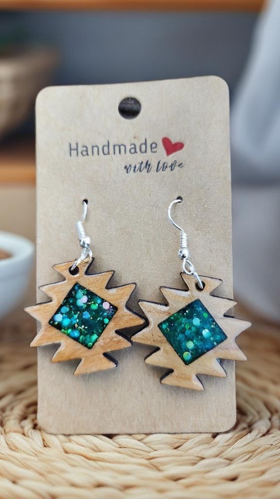Aztec Wood Earrings: Turquoise Resin Western Jewelry