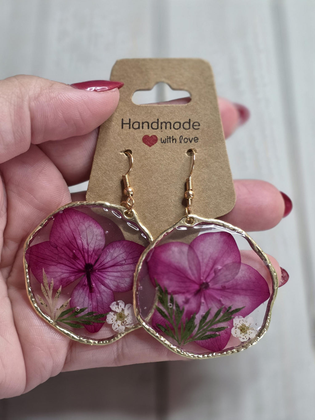 Dried Pink Flower Earrings | Circular Drop Botanical Jewelry
