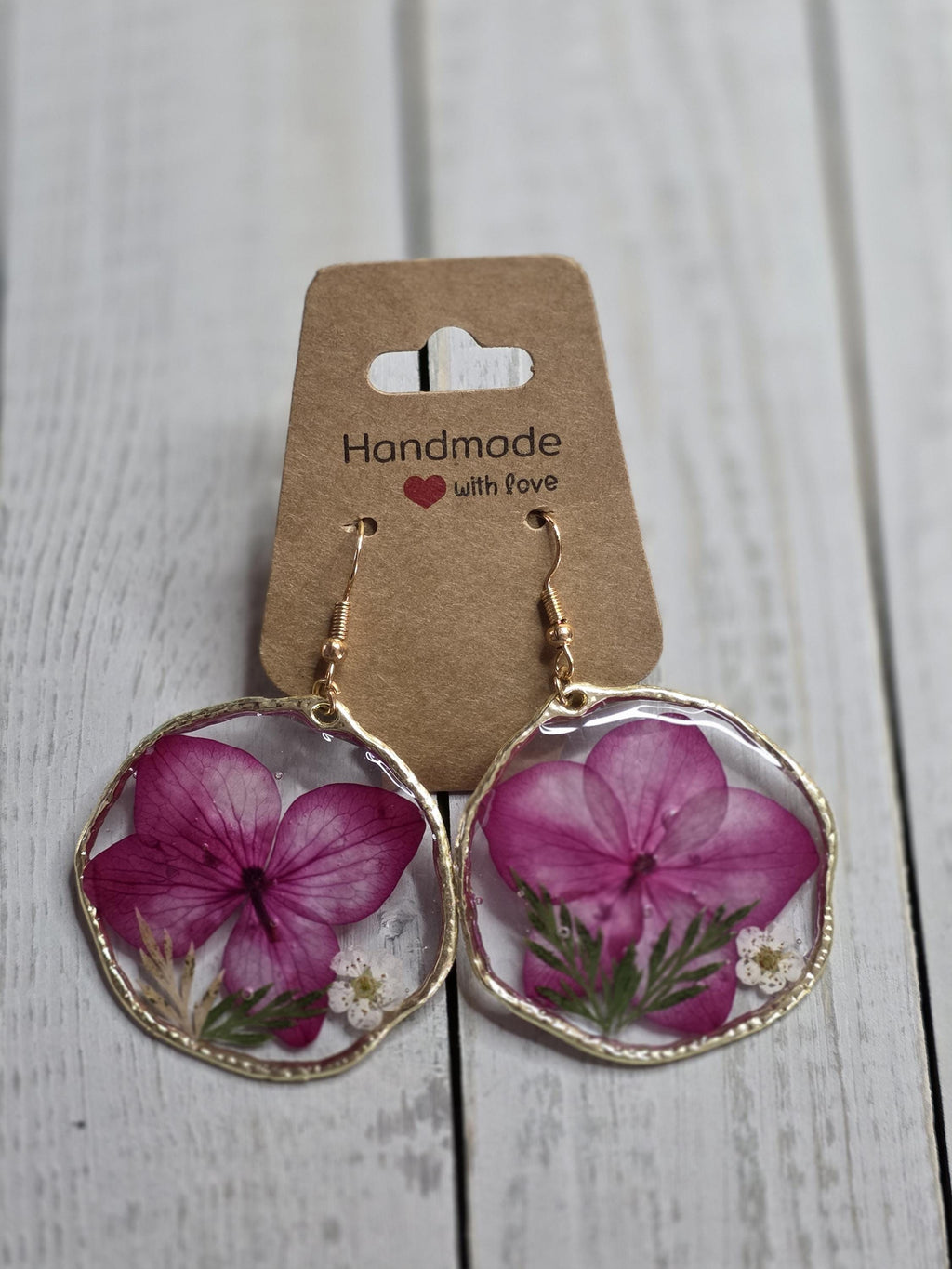 Dried Pink Flower Earrings | Circular Drop Botanical Jewelry