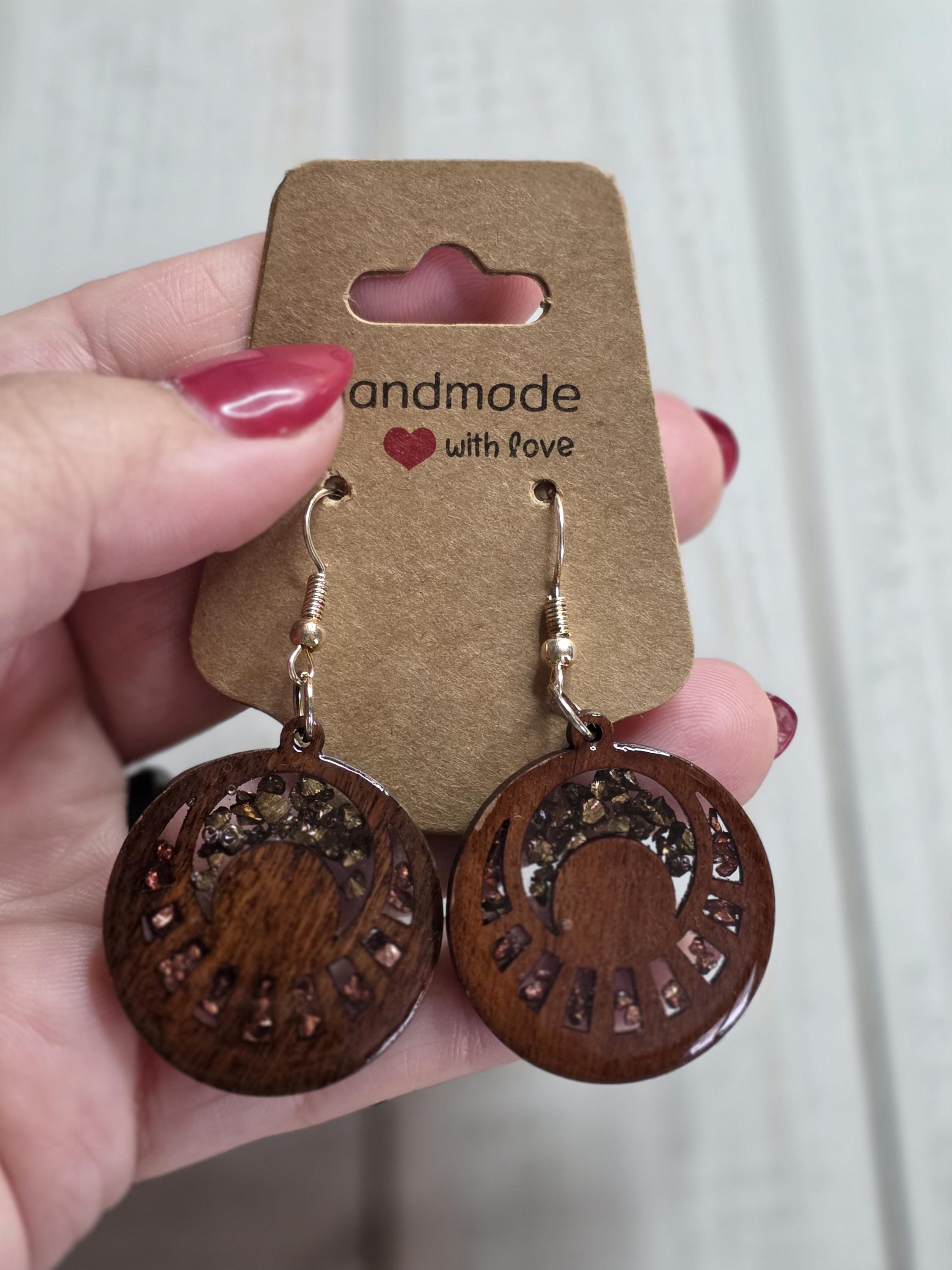 Resin Wood Earrings: Crushed Glass, Handmade Dangle Earrings, sage green earrings, fashion jewelry, small dangle earrings, women's fashion
