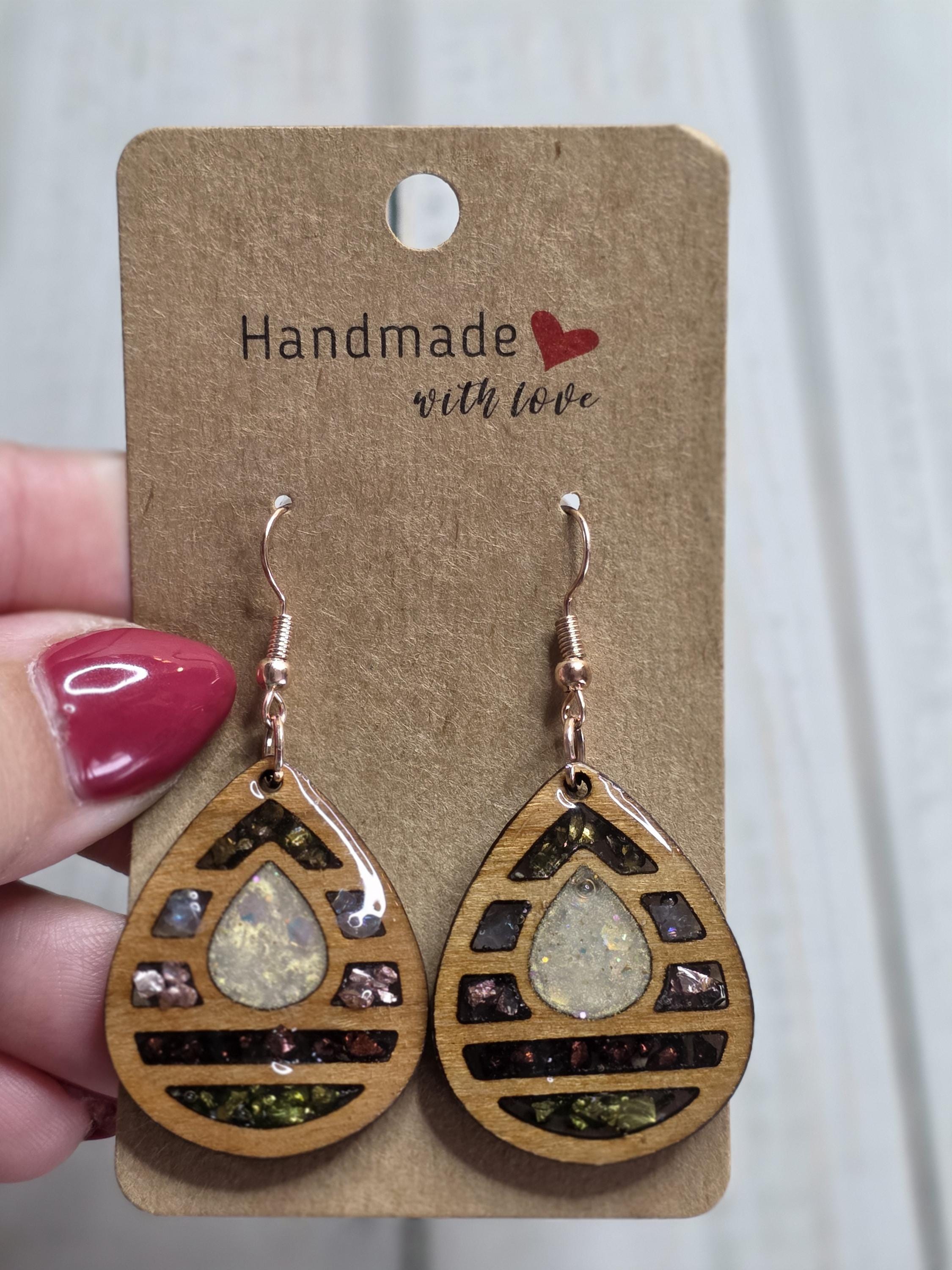 Resin Wood Teardrop Earrings: Handmade Crushed Glass Dangle