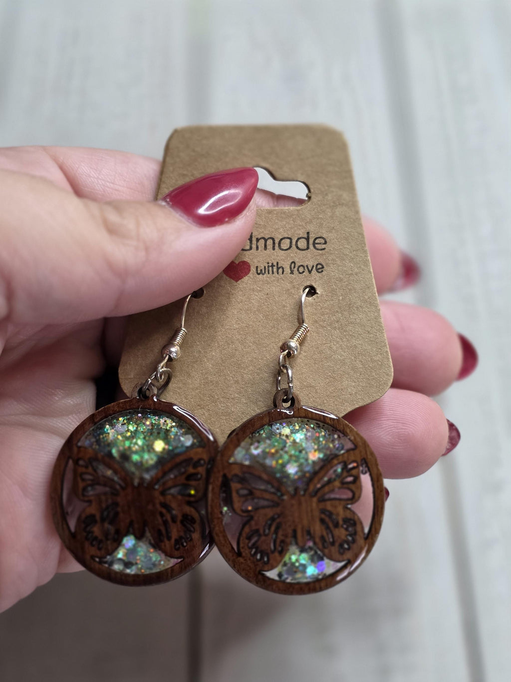 Resin Wood Earrings: butterfly earrings, Handmade Dangle Earrings, fashion jewelry, small dangle earrings, women's fashion, insect earrings