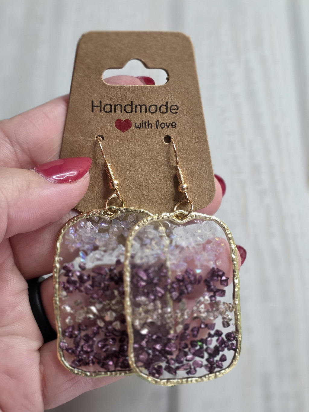 Crushed Glass Drop Earrings | Iridescent Purple & Gold Bezel