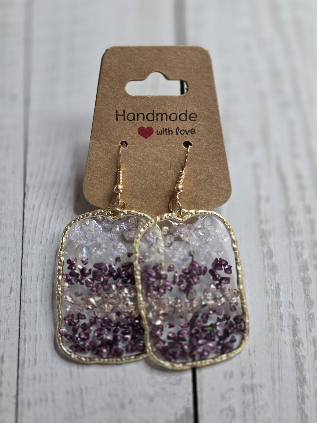 Crushed Glass Drop Earrings | Iridescent Purple & Gold Bezel