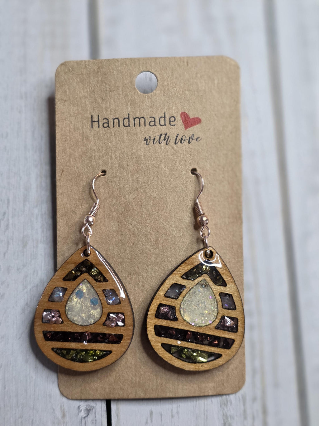 Resin Wood Teardrop Earrings: Handmade Crushed Glass Dangle