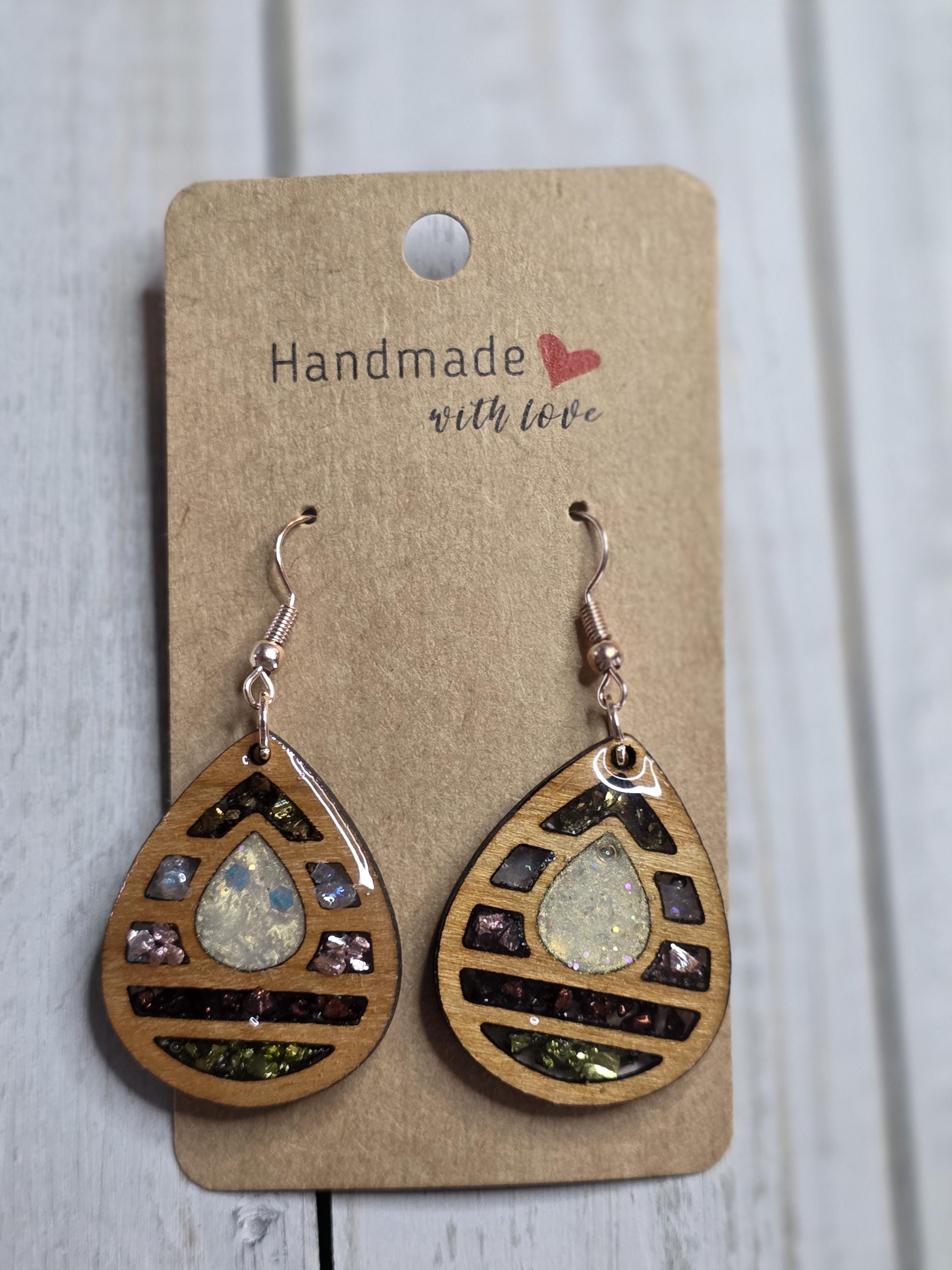 Resin Wood Teardrop Earrings: Handmade Crushed Glass Dangle