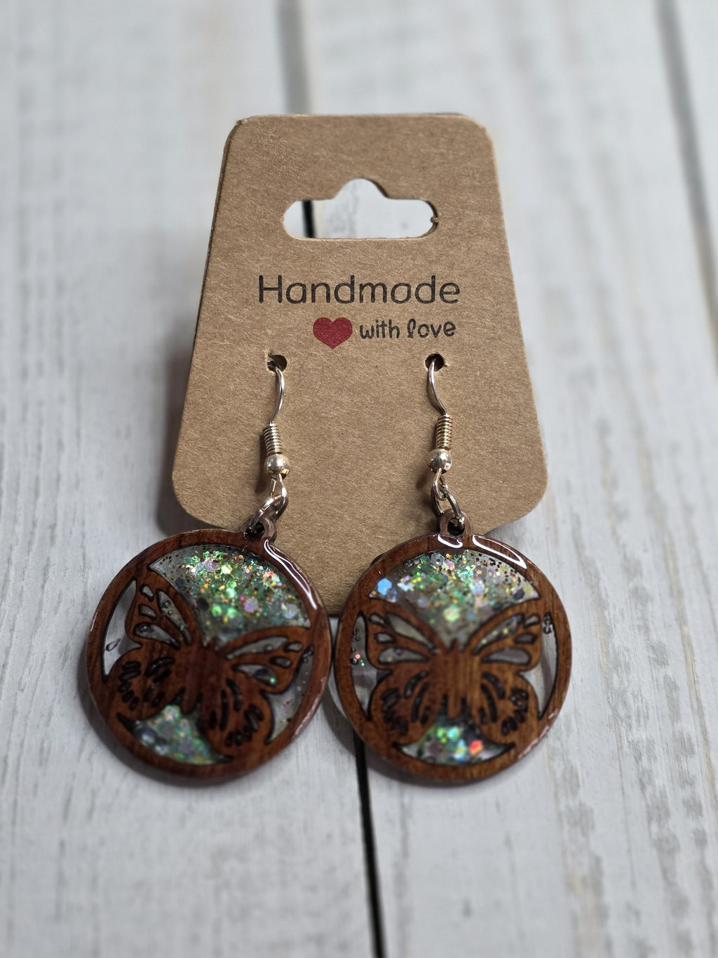Resin Wood Earrings: butterfly earrings, Handmade Dangle Earrings, fashion jewelry, small dangle earrings, women's fashion, insect earrings