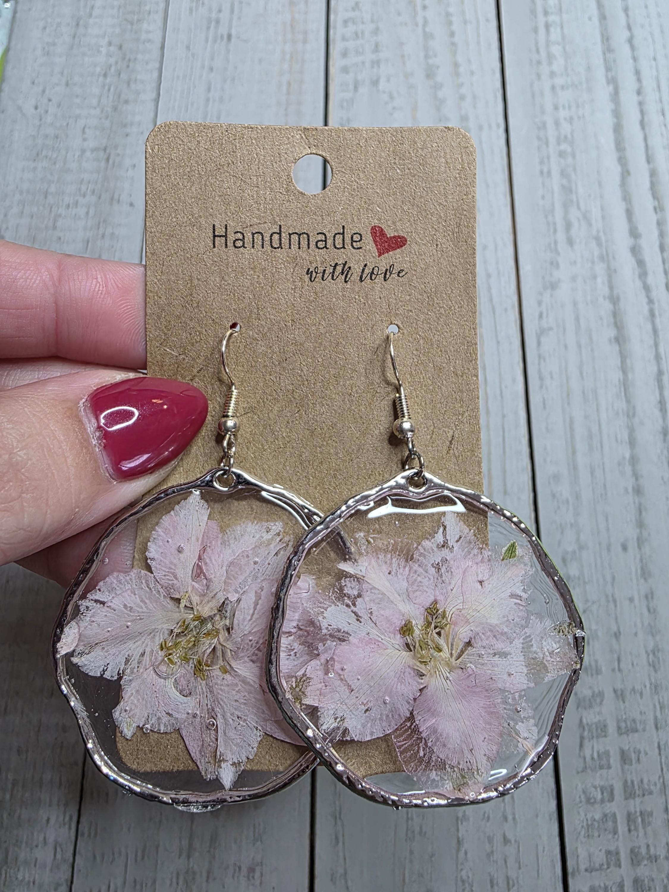 Dried Pink Flower Earrings | Circular Drop Floral Jewelry
