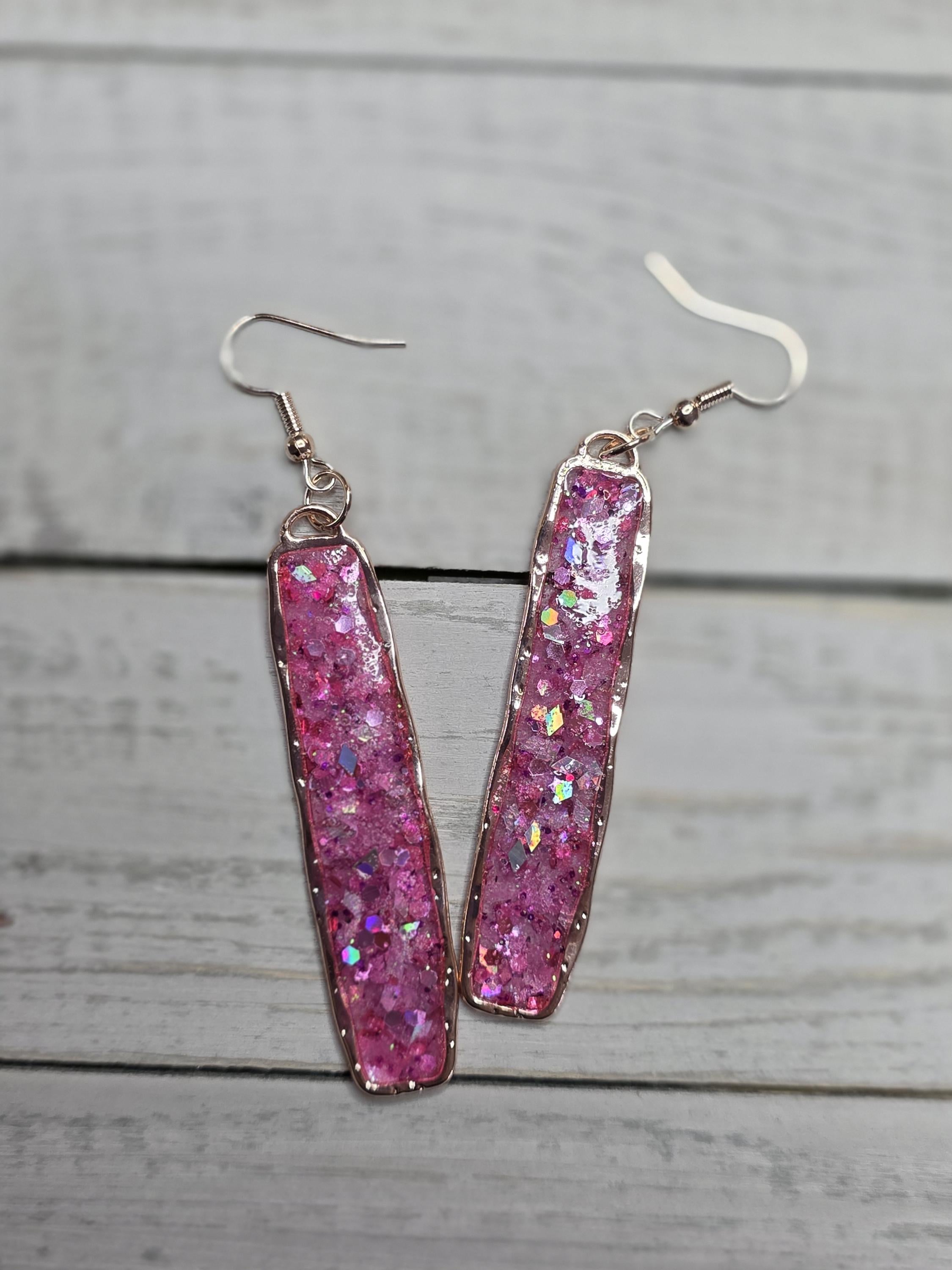 Pink Dangle Earrings: rectangle earrings, fashion jewelry, gold esthetic, resin earrings, women's fashion, rose gold jewelry