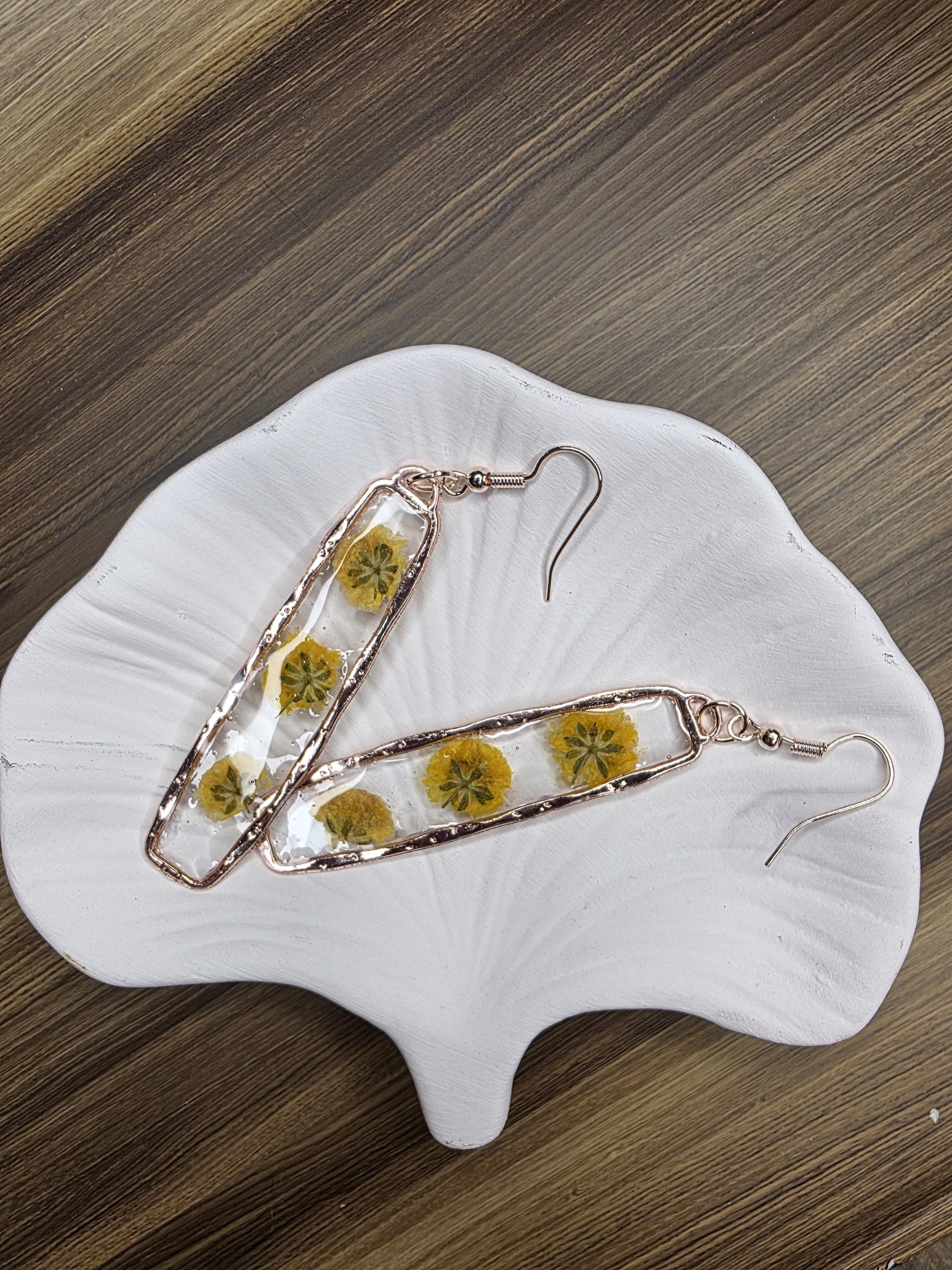 Yellow Floral Earrings | Preserved Flowers in Rose Gold Bezel