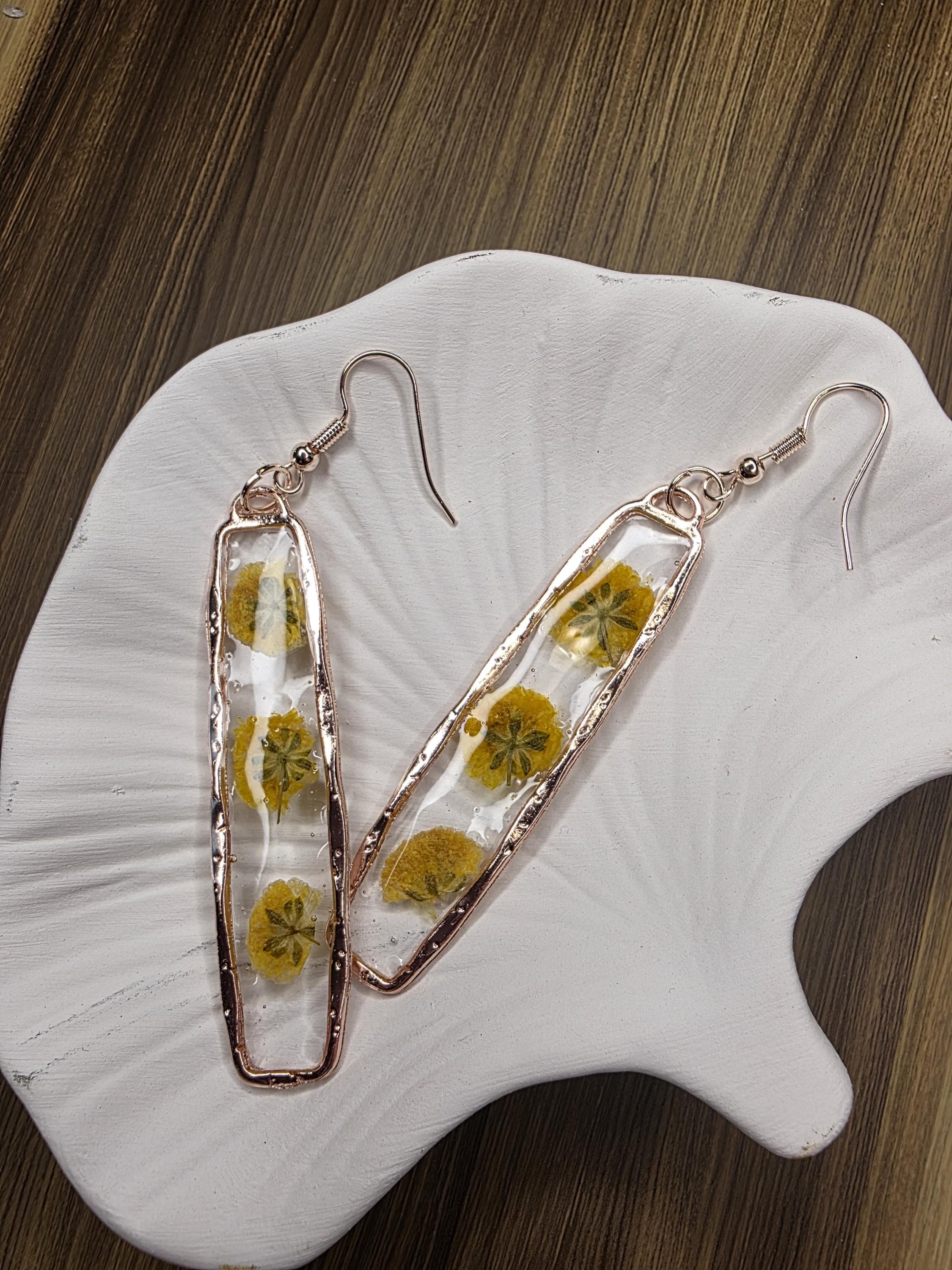 Yellow Floral Earrings | Preserved Flowers in Rose Gold Bezel